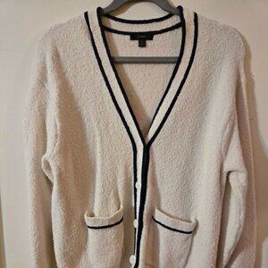 J.Crew White Cotton Bouclé Cardigan Sweater with Navy Trim Size Small